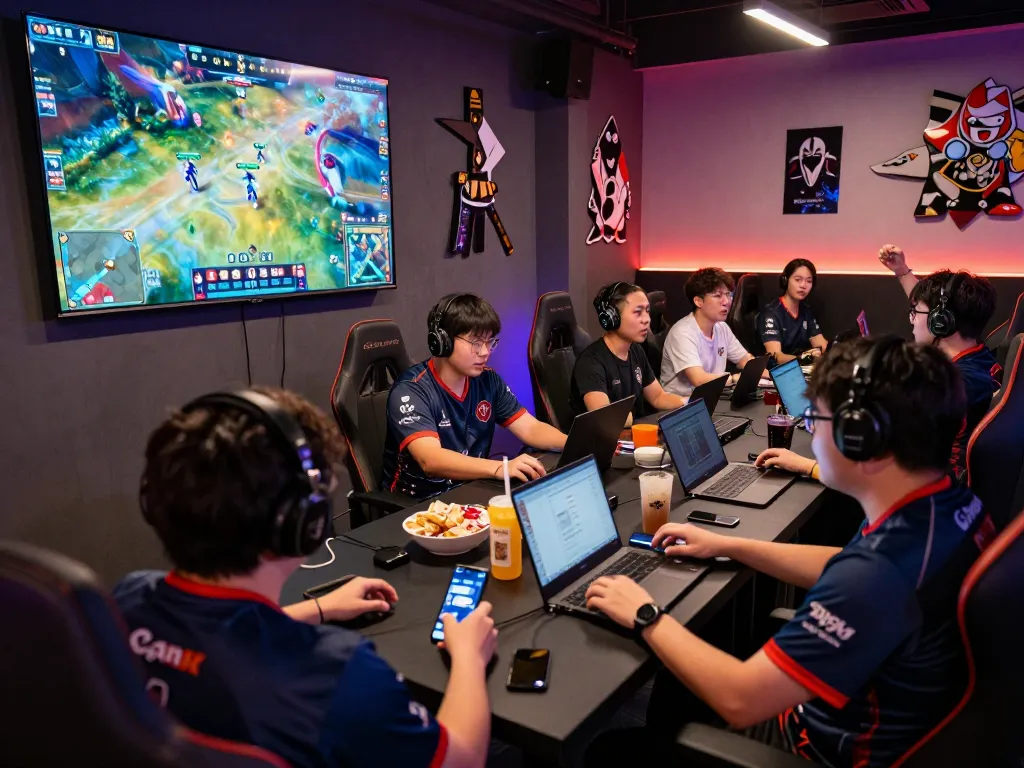 Exciting esports betting scene in Singapore with gamers cheering during a match, laptops and mobile devices for live betting.