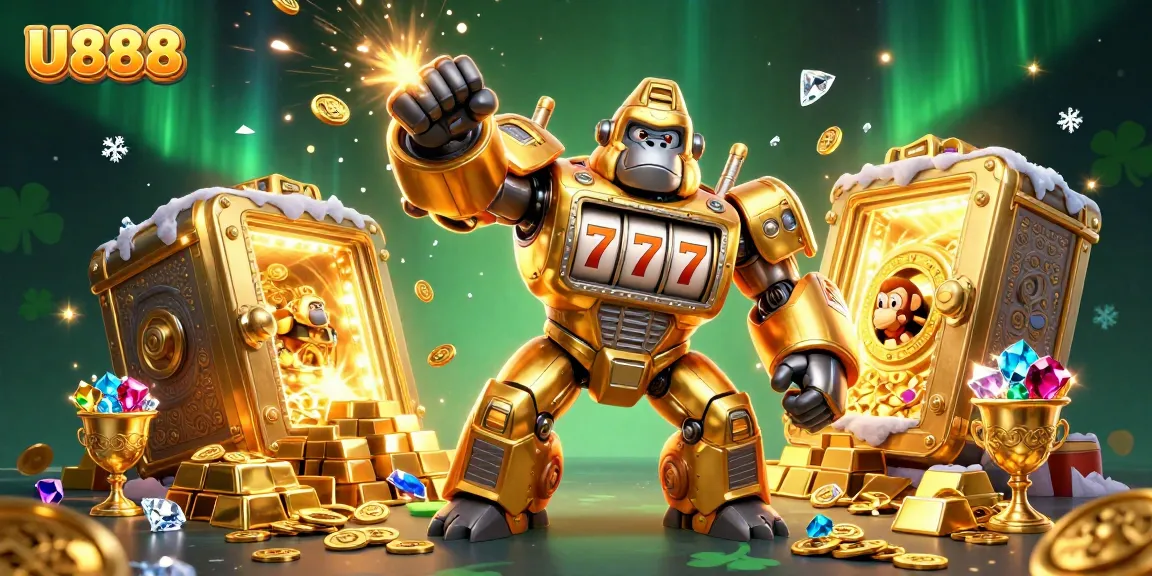 Experience thrilling gameplay with U888's golden mech and treasures in this captivating digital art.