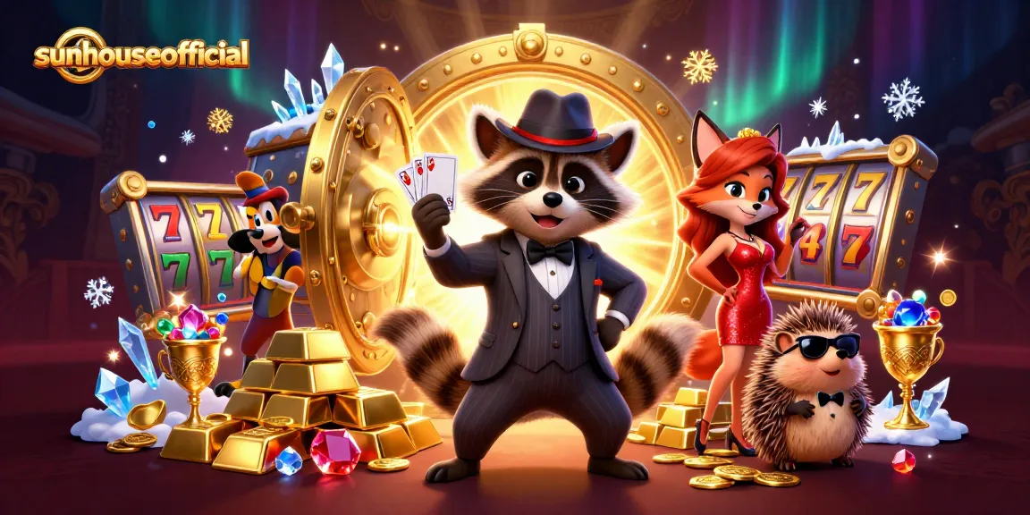 Win big at sunhouseofficial with a stylish raccoon and fox lady amidst gleaming jackpots and treasures.