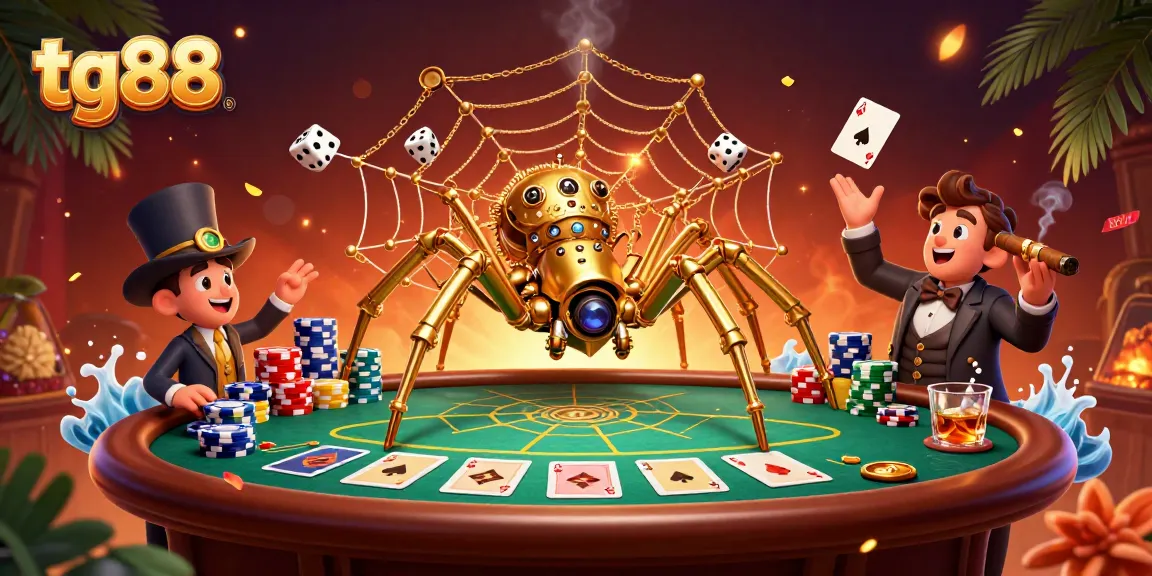 tg88 captures excitement with a steampunk spider weaving golden chains in a vibrant casino scene.