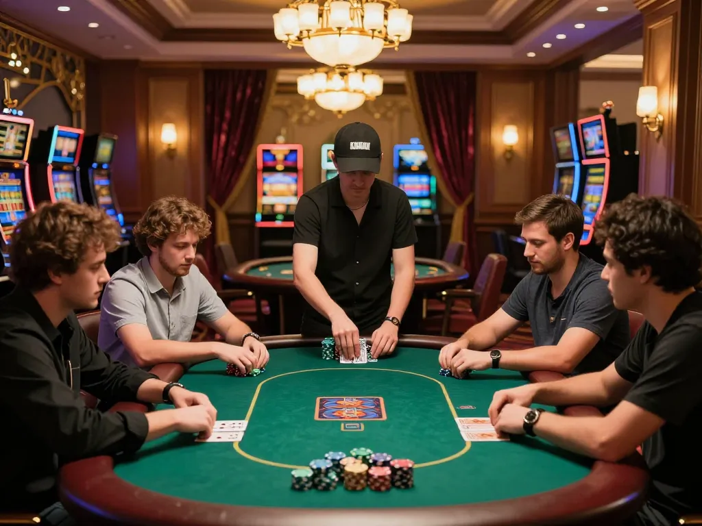 LIGA2000 poker game in an upscale casino with engaged players and warm ambient lighting, showcasing strategic gameplay.