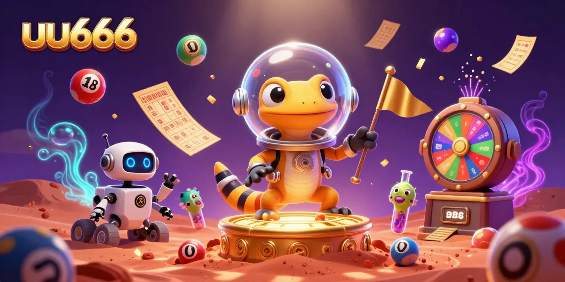 uu666 Martian gecko celebrates in a golden casino amidst colorful lottery balls and vibrant prize elements