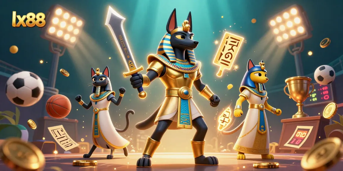 Engage with lx88 in a vibrant 3D gaming world featuring Anubis and Bastet amidst dynamic sports elements.