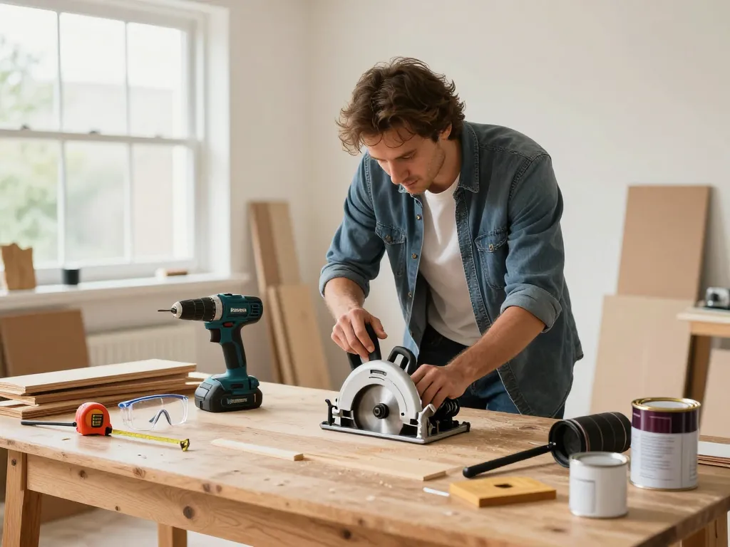 DIY enthusiast using Metabo power tools in a bright home workshop