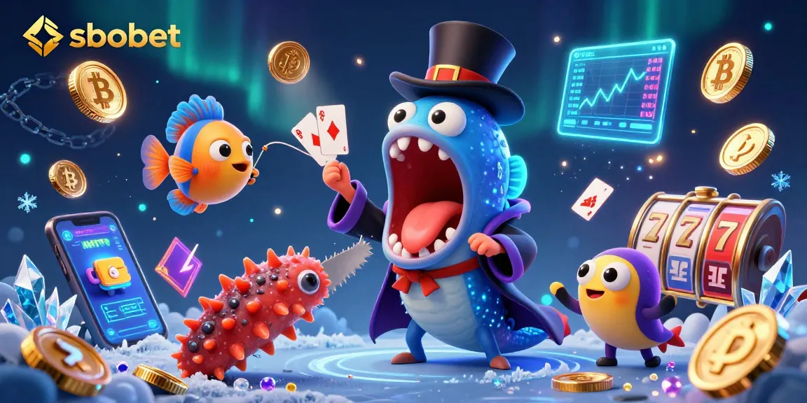 Sbobet showcases a whimsical scene with a deep-sea gulper eel magician and cryptocurrency coins, highlighting engaging gameplay.