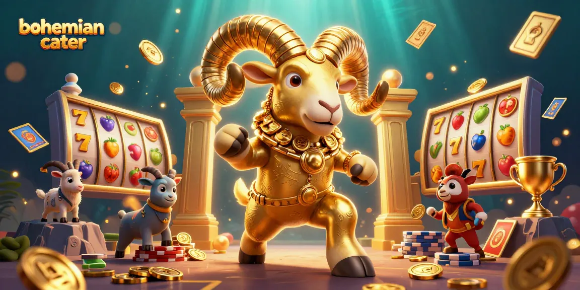 Engage with the bohemiancater platform in a dynamic casino scene featuring a golden ram, spinning slot reels, and sparkling gold coins.