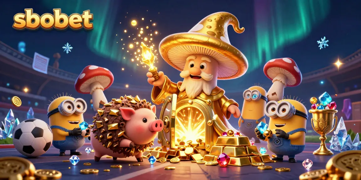 Bet with sbobet in a dynamic sports-themed illustration featuring magical elements and treasures.