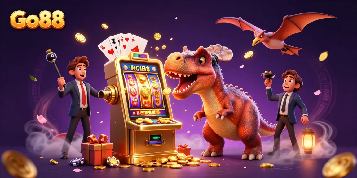 Go88 features a pachycephalosaurus winning jackpots and dynamic casino elements in vibrant illustration.