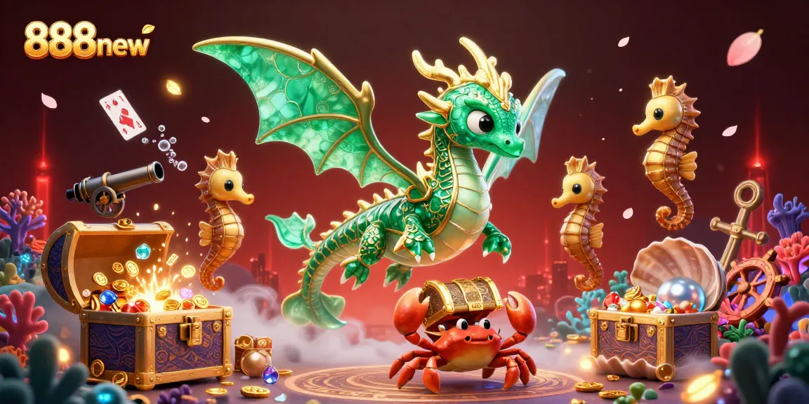 Engaging players in the vibrant realm of 888new, the sea dragon guards treasures amidst a lively underwater casino.