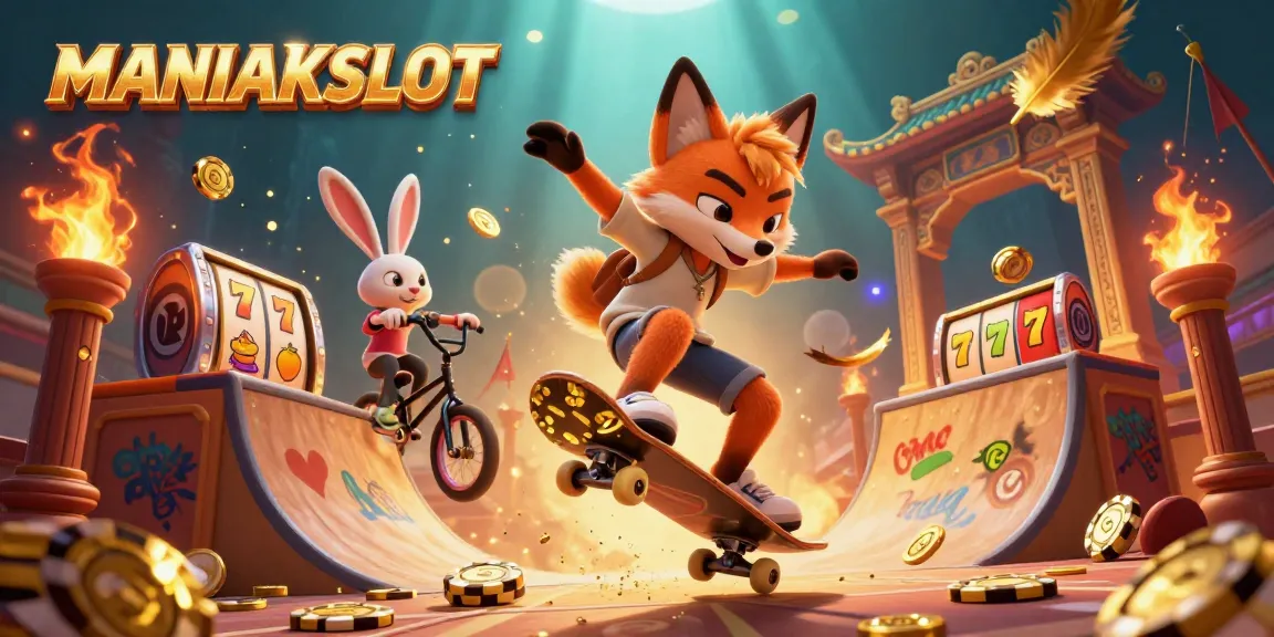 Experience the dynamic thrill of MANIAKSLOT with a 3D fox skateboarder and vibrant casino elements.