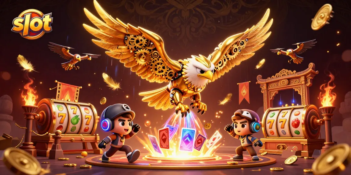 Engage with slot gameplay featuring a cybernetic eagle amidst dynamic casino elements.