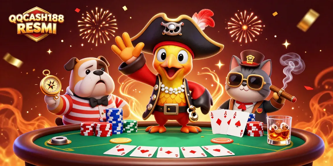Engaging cartoon scene featuring QQCASH188 RESMI with a pirate captain, bulldog, and cat playing poker.