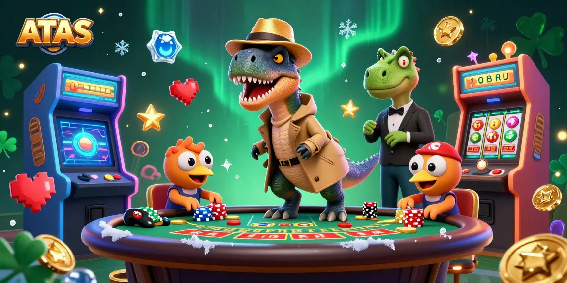 Experience ATAS casino action with a velociraptor counter at the blackjack table amidst gaming chaos.