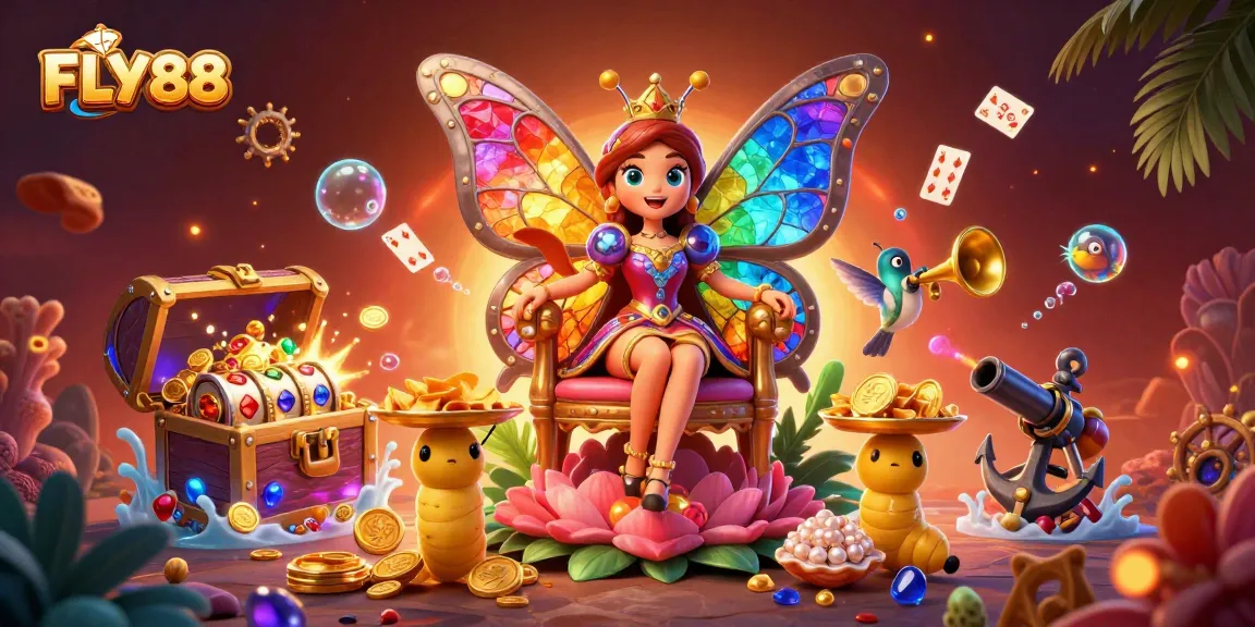 Engage with FLY88’s vibrant casino world, featuring a butterfly queen surrounded by intricate gaming elements.