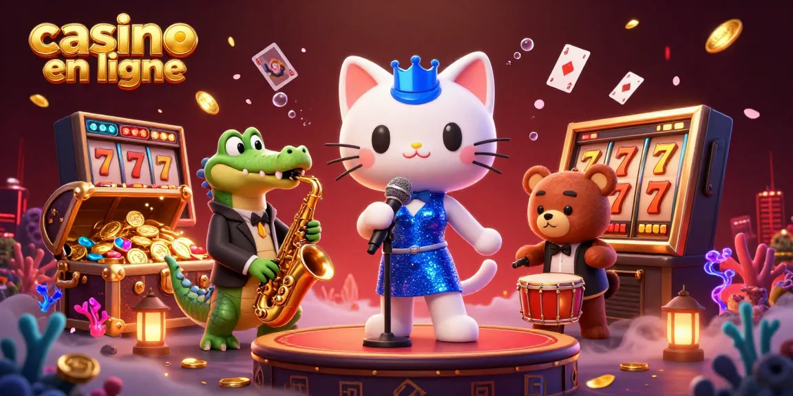Profitez de l'effervescence du casino en ligne avec une illustration colorée d'un chat chanteur, un crocodile et un ours en train de jouer.