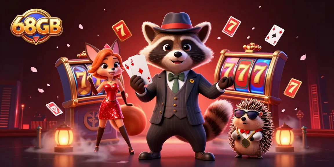 Experience exciting gameplay with 68GB as a suave raccoon and friends celebrate at a vibrant casino.
