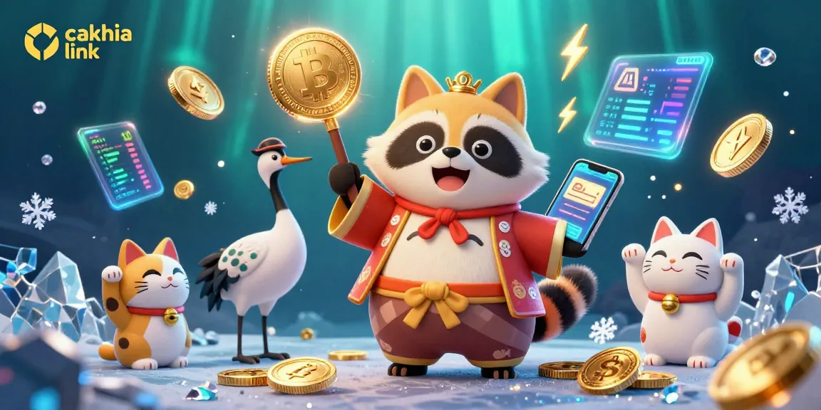 Engage with the cakhia link experience featuring vibrant maneki-neko cats and a cheerful tanuki in a festive setting.