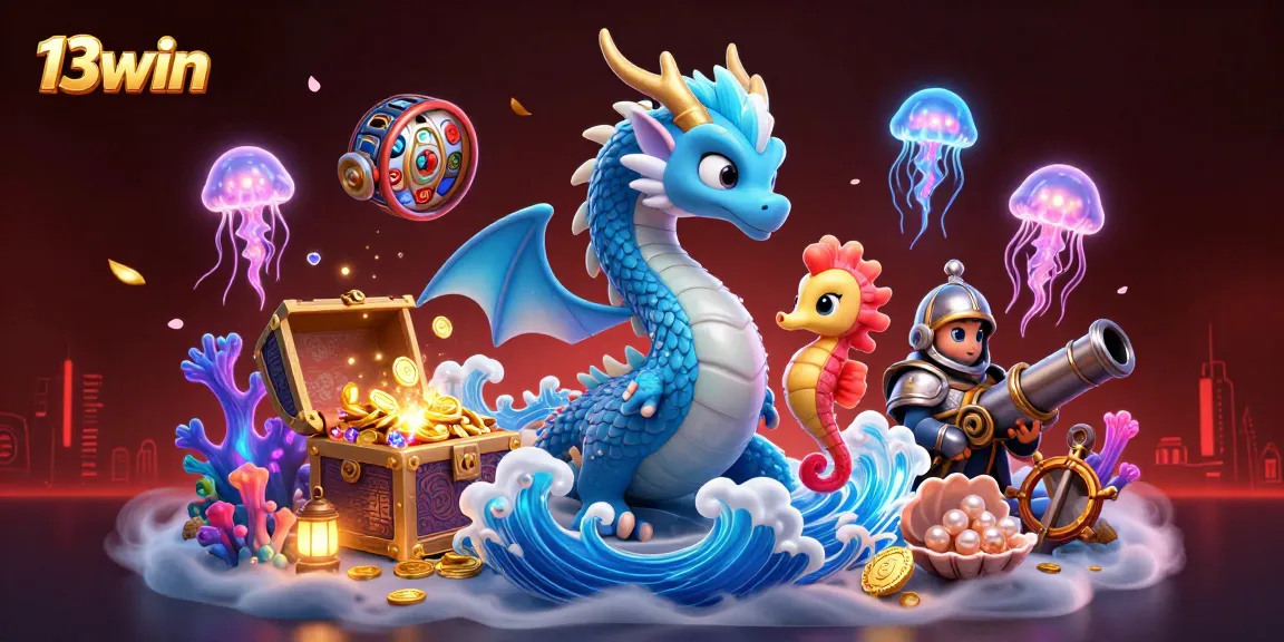 Explore the vibrant underwater realm of 13win featuring a dynamic cartoon dragon and engaging casino games.