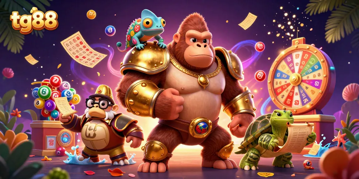 Play exciting games at tg88 with a vibrant 3D scene featuring characters from the casino world.