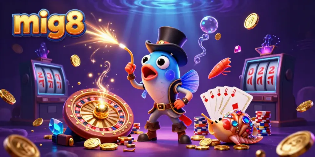 Engage in the adventure of mig8 with an anglerfish, shrimp, and snail amidst swirling casino symbols.