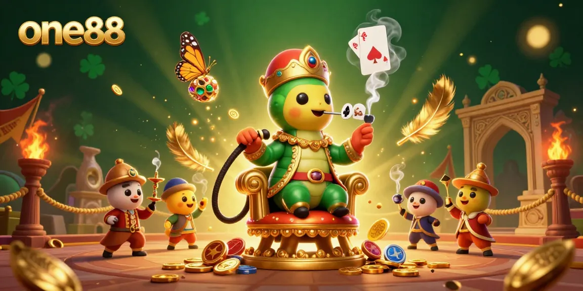 Engage with the thrilling atmosphere of one88 through a vibrant 3D illustration showcasing a caterpillar master and dynamic casino elements.