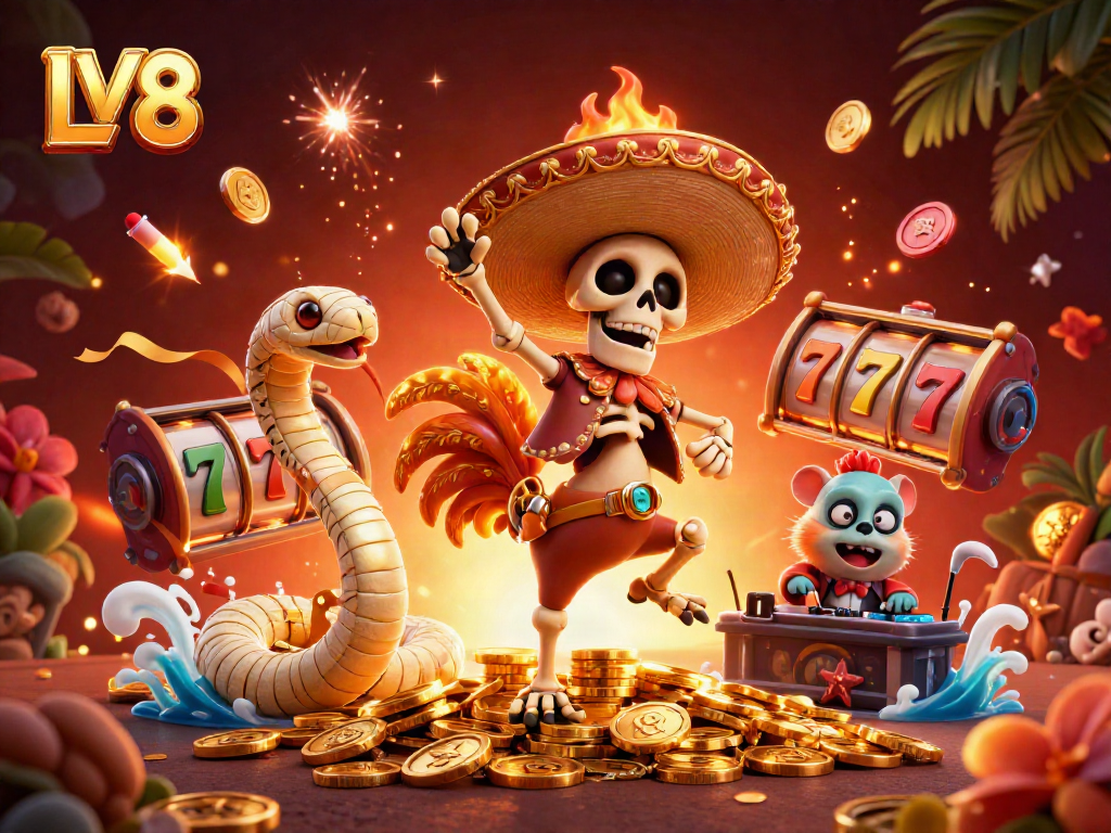 Spin the slots with LV 88 as a lively 3D mariachi rooster celebrates on golden coins.