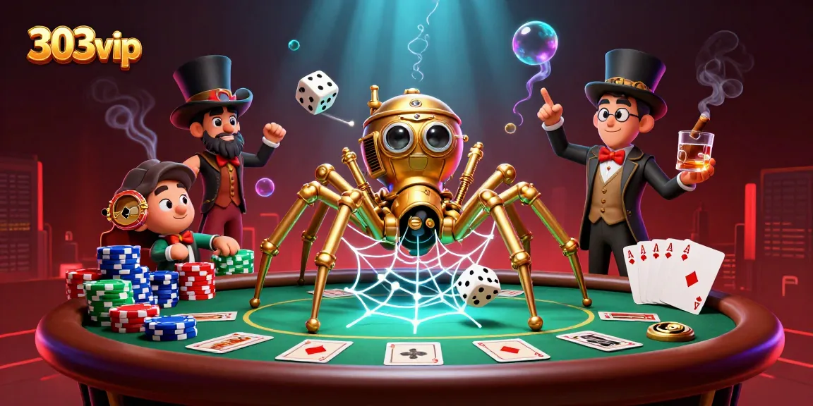 Experience thrilling games at 303vip with a dynamic steampunk spider catching dice amidst vibrant casino elements.