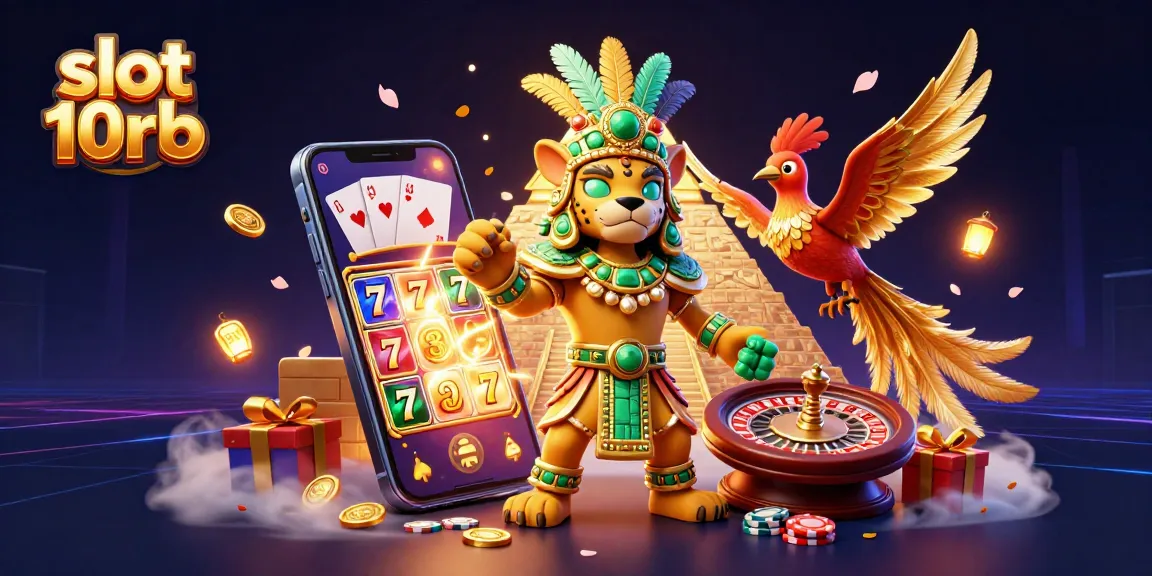 Engage with slot 10rb gaming excitement through a dazzling scene featuring Mayan elements and vibrant casino items.