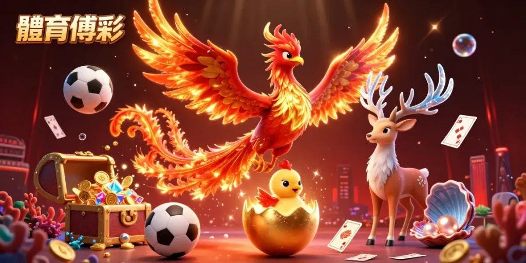 Engaging scene of 體育博彩 with a dynamic phoenix, sports elements, and vibrant treasures.