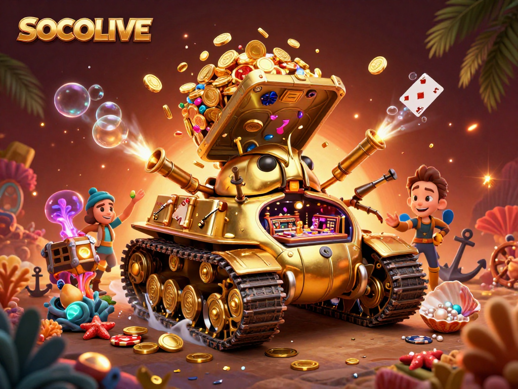 SOCOLIVE showcases a vibrant casino scene with a golden beetle tank amidst floating cards and treasure.