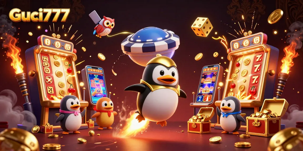 Guci777 menghadirkan penguin emas beraksi dengan slot jackpot yang luar biasa penuh koin di ruang angkasa.