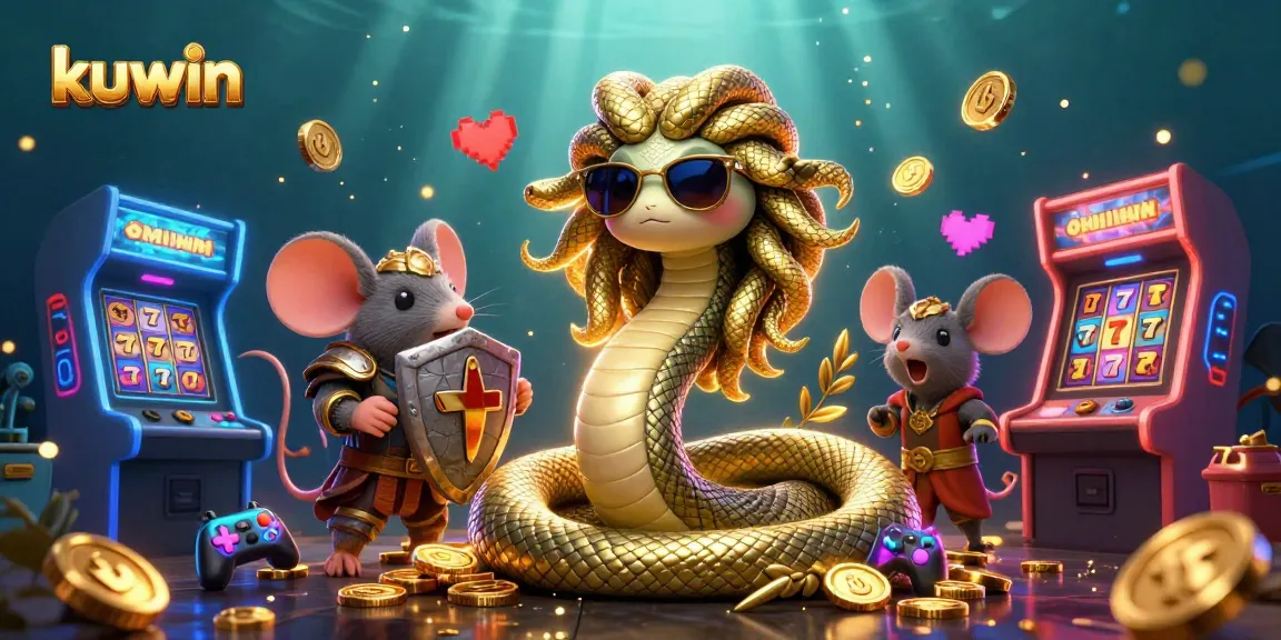 Kuwin offers thrilling casino excitement with a friendly Medusa and warrior mouse in an exhilarating gaming scene.