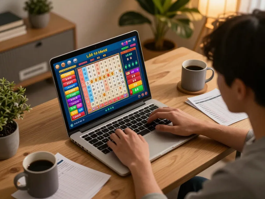 Lô đề online player strategizing during betting at home, showcasing a colorful interface with vibrant graphics.