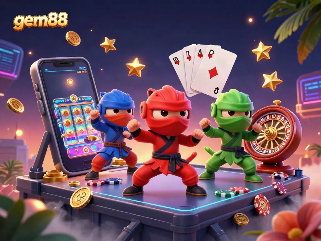 Immerse in the vibrant world of gem88 with chameleon ninjas showcasing synchronized martial arts amidst casino games.