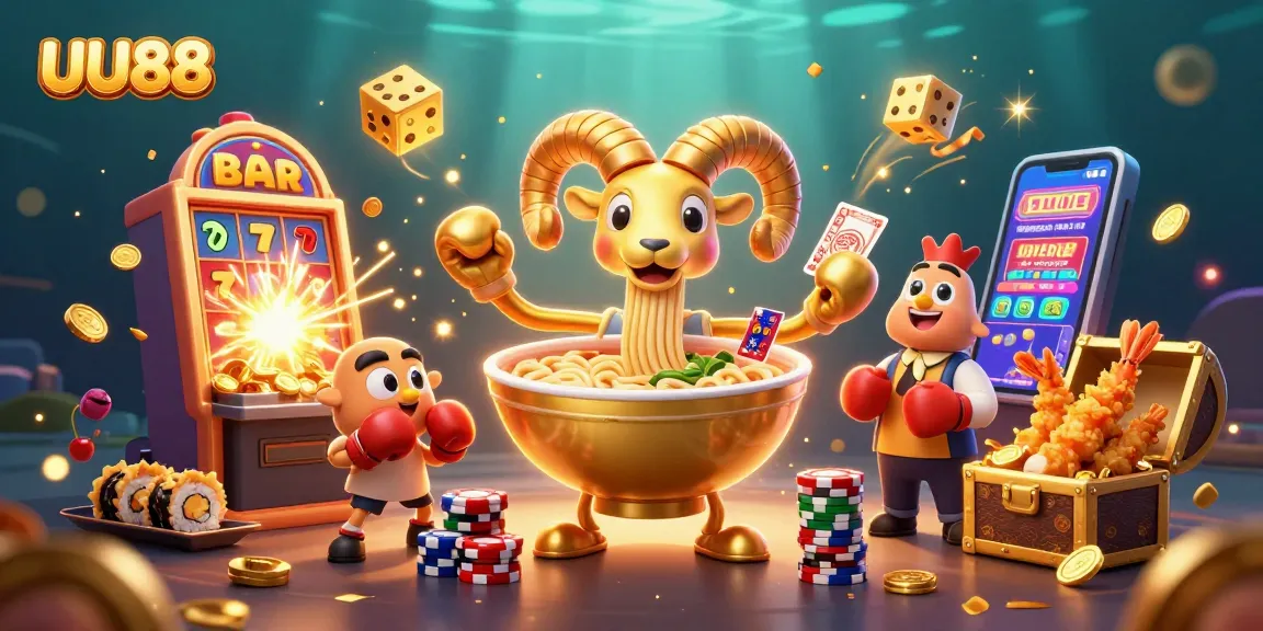 Engage with UU88's vibrant illustration showcasing a golden ramen bowl dealer amid dazzling casino elements.