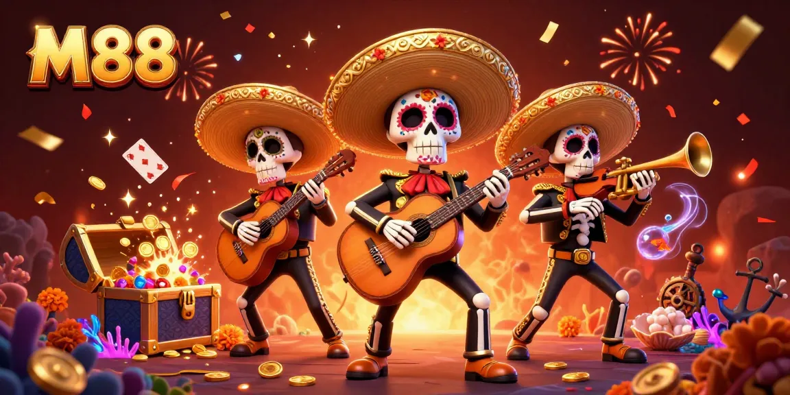 M88 showcases a vibrant 3D scene of a mariachi band amidst casino elements, exuding festive energy