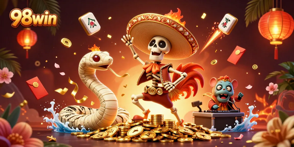 Experience the excitement of 98win with vibrant characters celebrating on a treasure of golden coins.