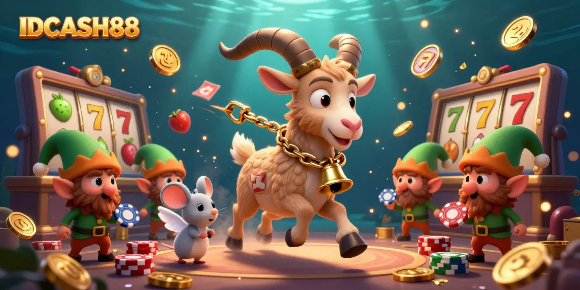 IDCASH88 invites players to a vibrant online casino scene featuring playful characters in a rich illustrated environment.