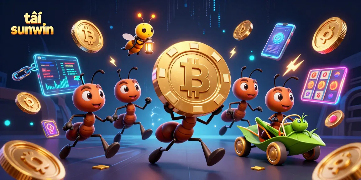 Play tải sunwin with a dynamic 3D illustration of cartoon ants carrying a giant poker chip.