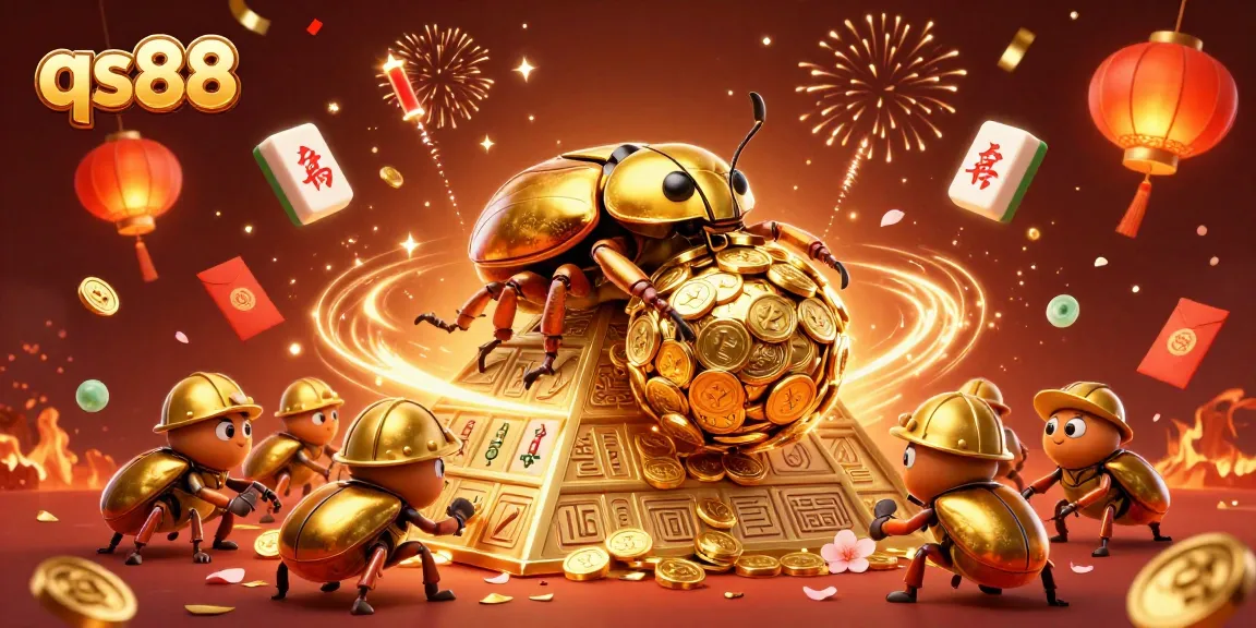 Experience the thrilling world of qs88 with golden beetles and casino symbols embodying excitement.