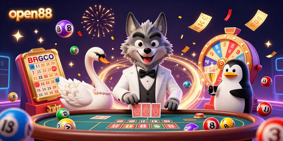 Play games at open88 with a debonair wolf and an elegant swan in a vibrant casino setting.