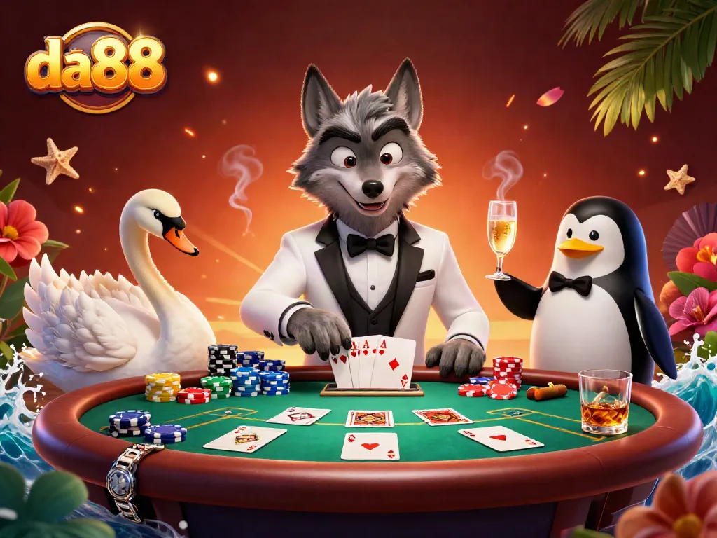 Experience thrilling wins at da88 with a vibrant baccarat scene featuring a debonair wolf, an elegant swan, and a sophisticated penguin.