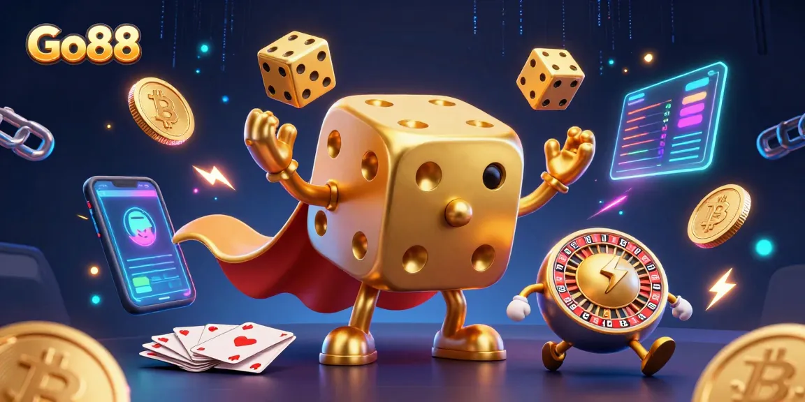 Go88 gaming goes lively with golden dice and crypto elements in a vibrant 3D illustration.
