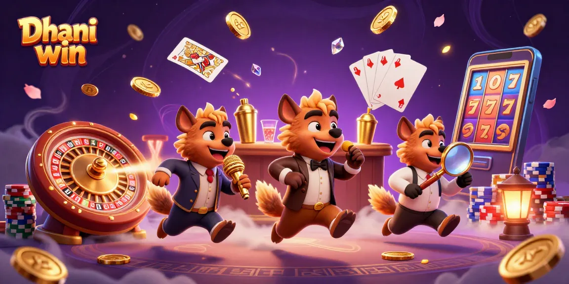 Experience the excitement of Dhani win with lively hyena characters in a dazzling casino scene.