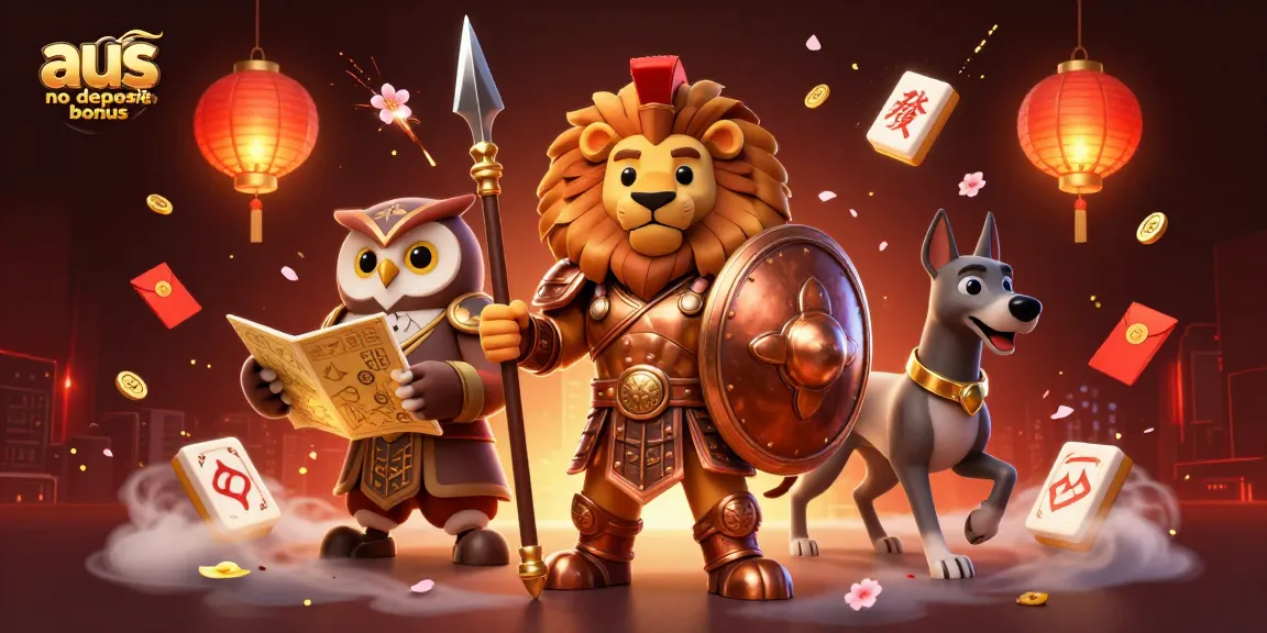 Engage in the thrill of the aus no deposit bonus with a dynamic casino illustration featuring a Spartan lion and lucky gaming elements.