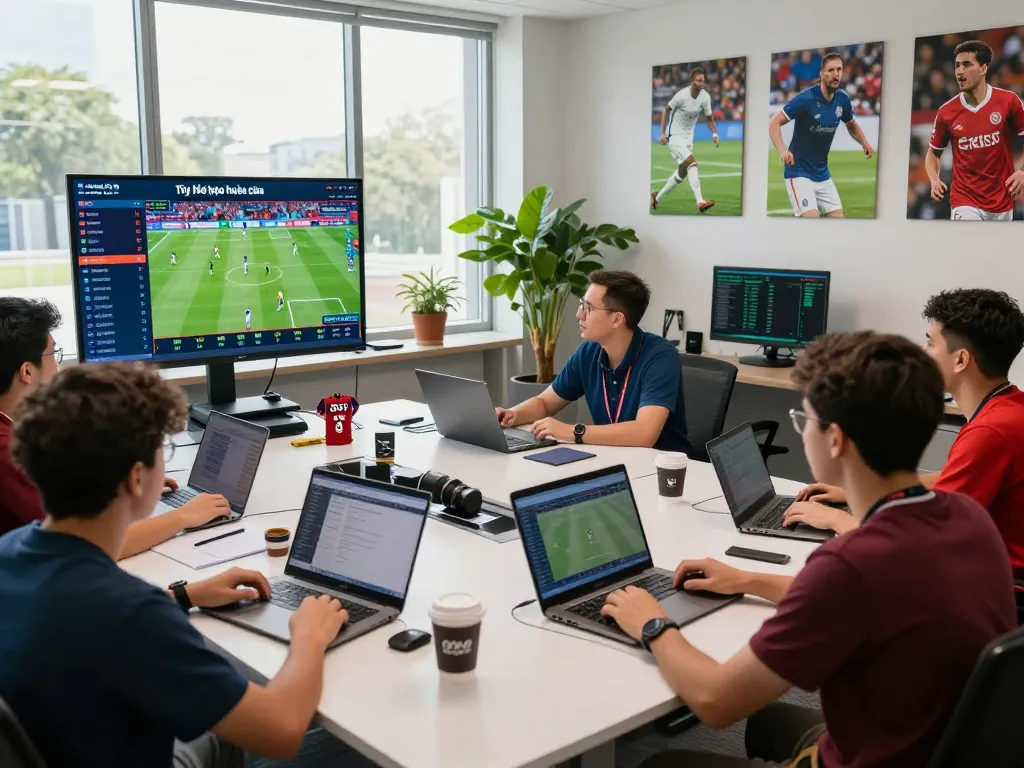 Tỷ lệ kèo nhà cái analysis in a modern sports betting office with analysts and screens displaying game stats.