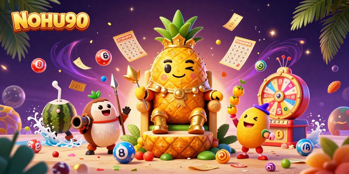 Experience thrilling jackpots with NOHU90, amidst vibrant lottery balls and lively casino characters.