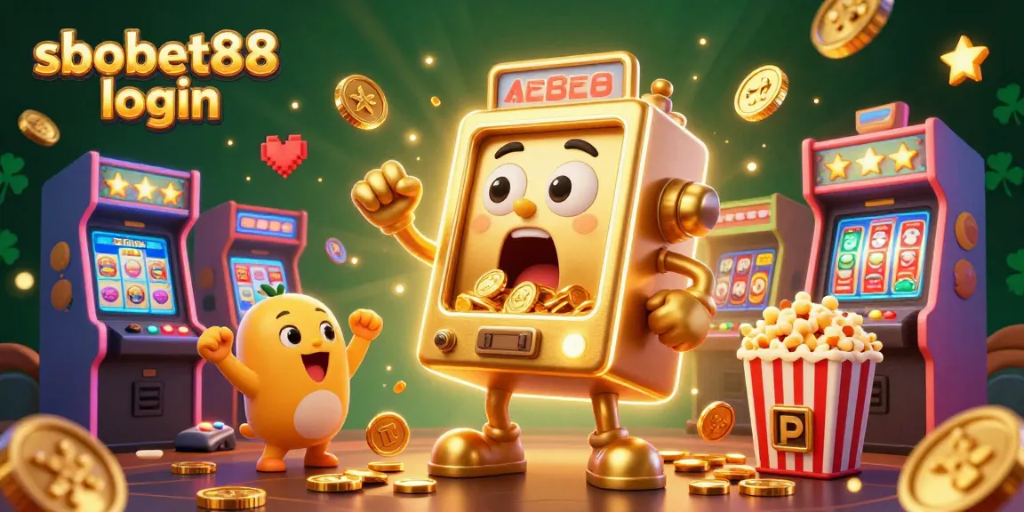 Experience sbobet88 login excitement with a golden slot machine hitting jackpots and cheering mini slot machines.
