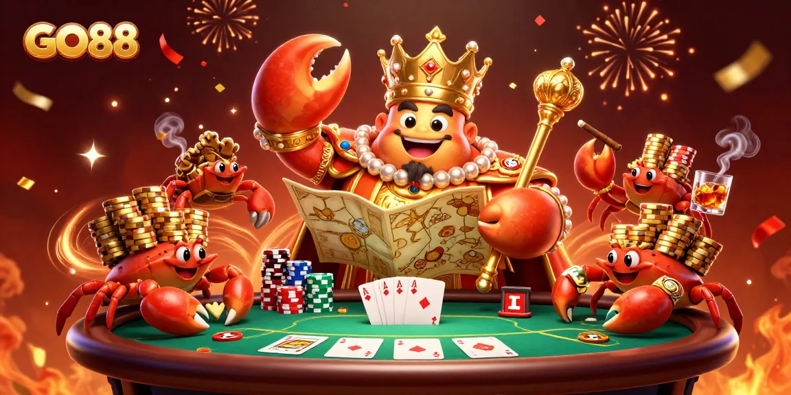 Engage with GO88's spectacular gaming scene featuring the golden crab emperor surrounded by poker elements.