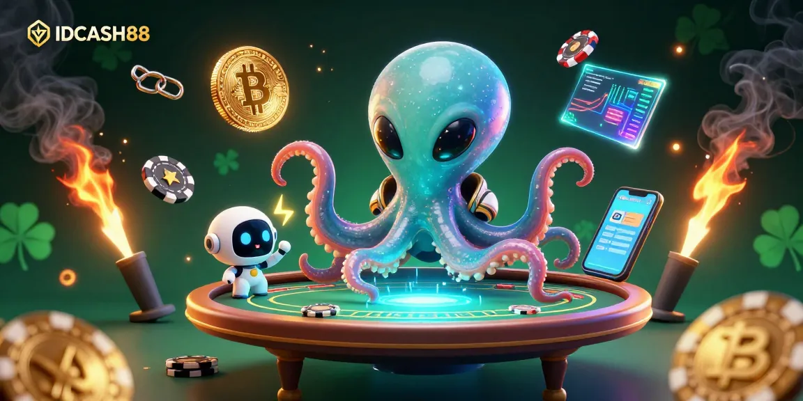 Experience thrilling casino action with IDCASH88, featuring an alien octopus at a futuristic poker table.
